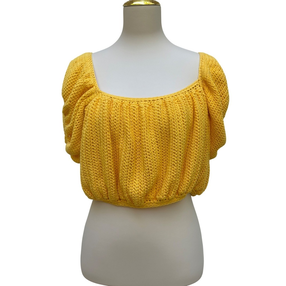 Crochet Knit Crop Top Yellow Sm/Md Puff Sleeve Summer Boho Festival Vibrant 70's - Picture 2 of 7